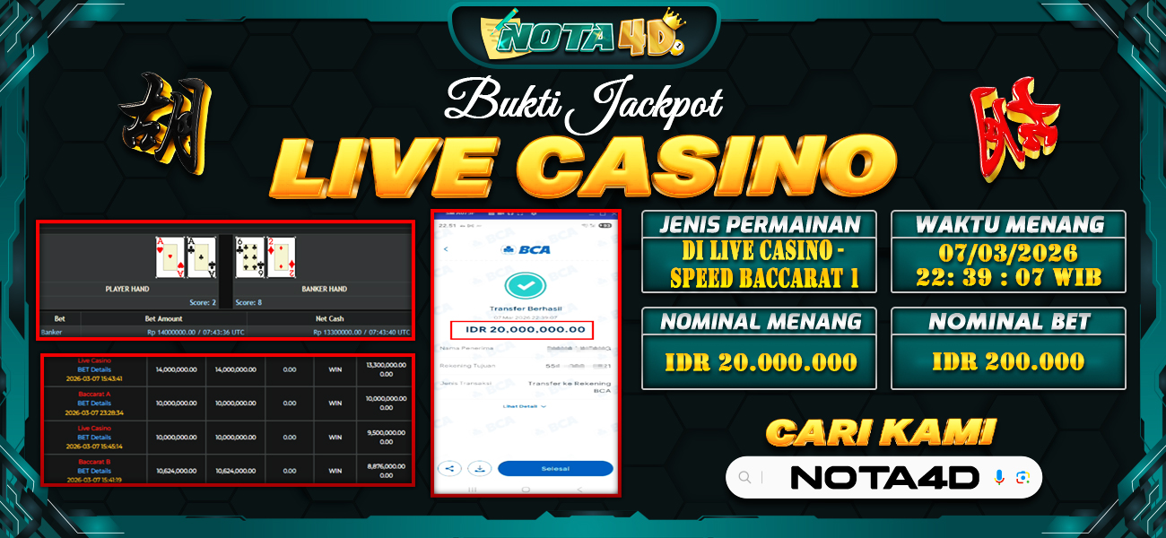 Bukti Kemenangan Besar Dibayar lunas Member NOTA4D RP 20.000.000, 8 Maret 2026